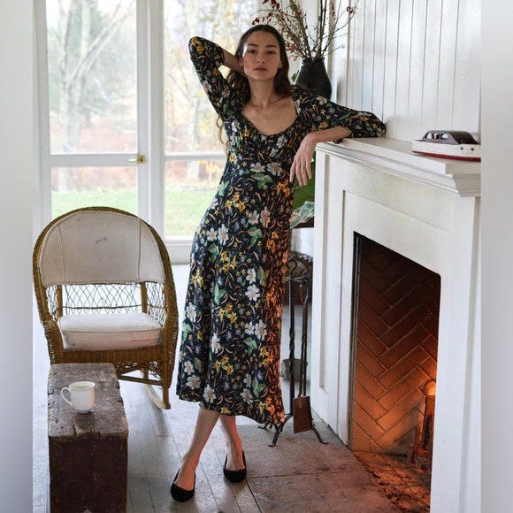 NWT Doen Guinevere Silk Ruched V Neck Long Sleeve Bias Midi Dress Sweet Anemone - Picture 3 of 15